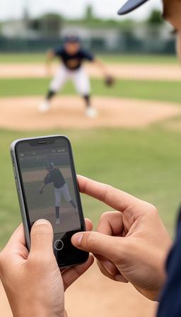 野球グラウンドで撮影した小学生の投球フォームをスマートフォンで確認する様子